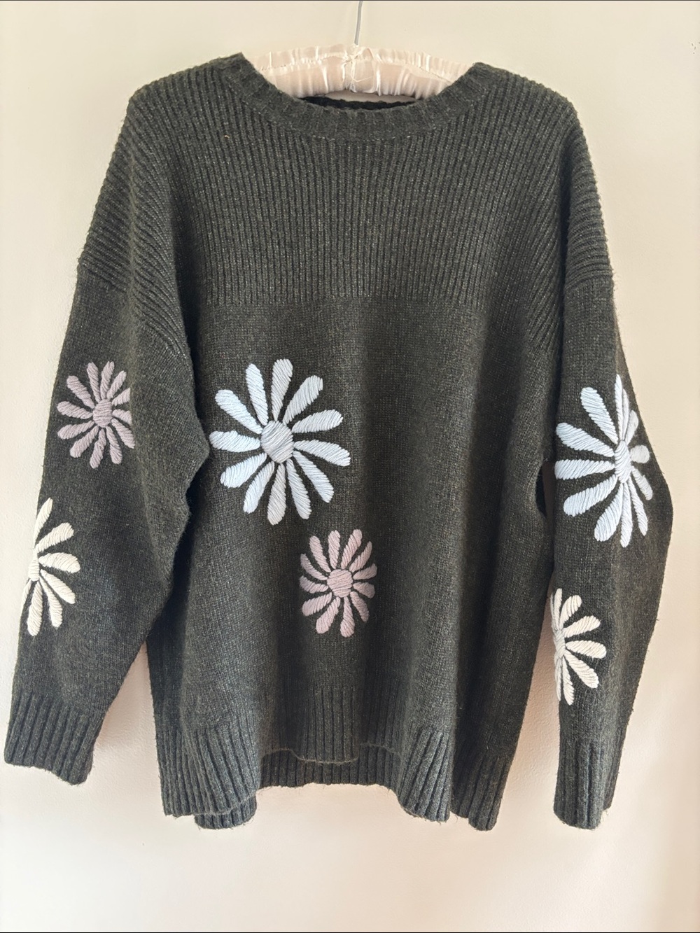 Boundless North Women's Dark Olive Daisy Floral Embroidered Sweater